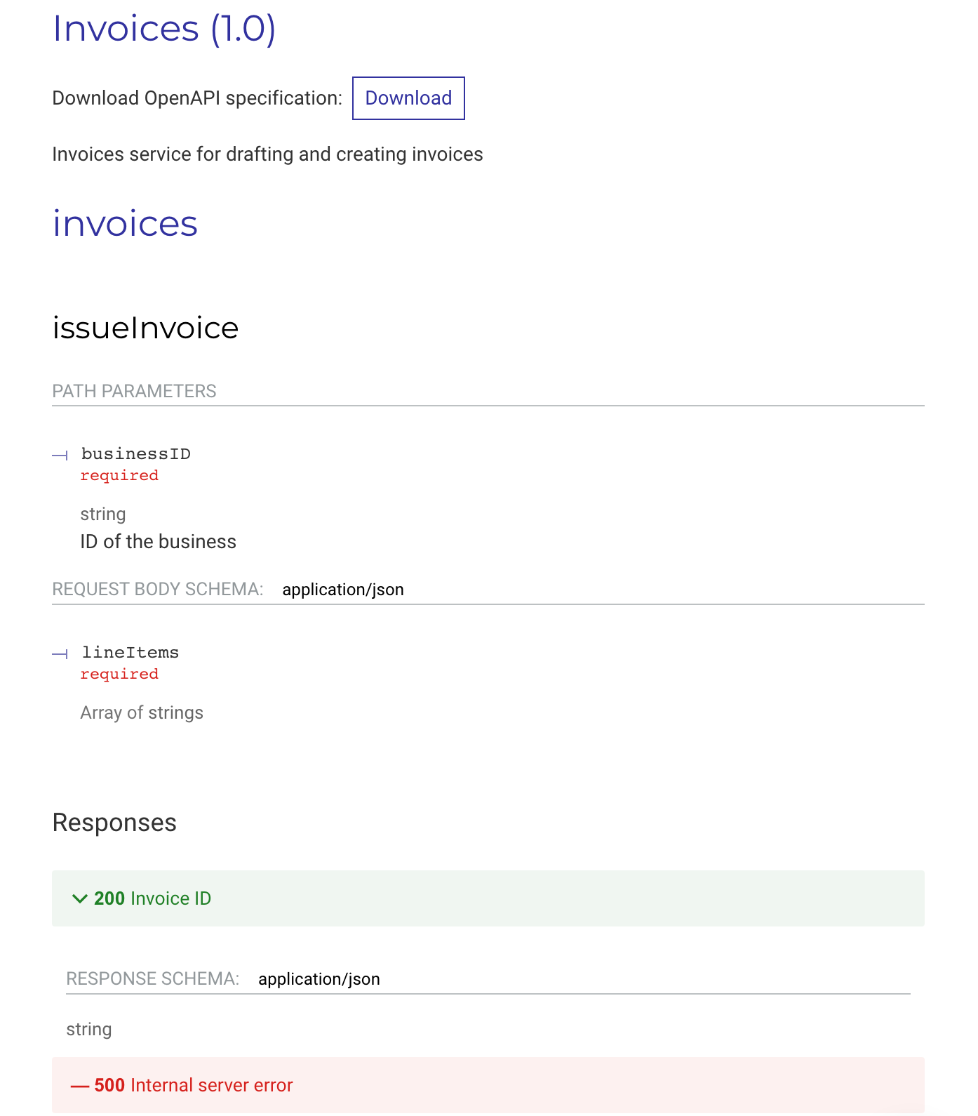 Screenshot of a page showing our invoices API, urls, parameters and
responses
