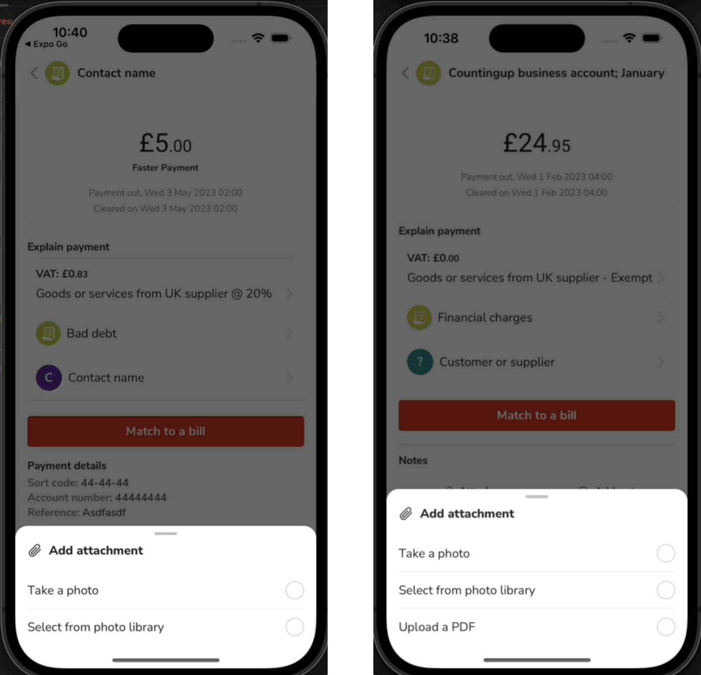 Transaction attachment UI showing old and new UI